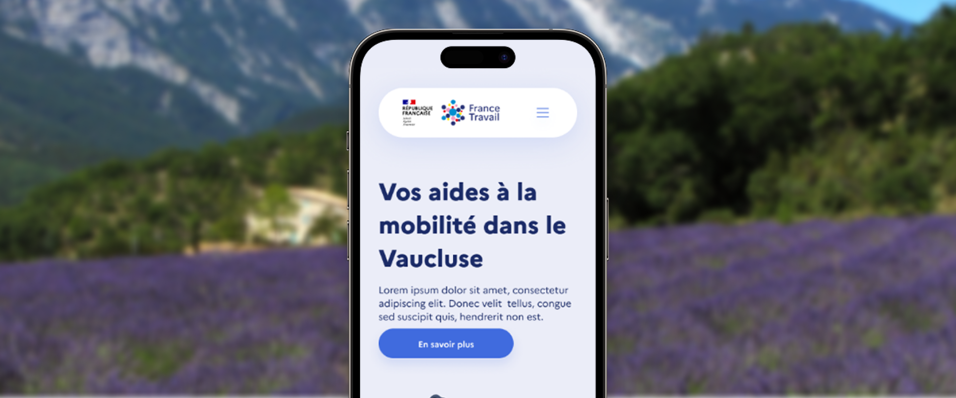 Version mobile de la home de France Travail Vaucluse Mobilité, avec en arrière plan un champ de lavande