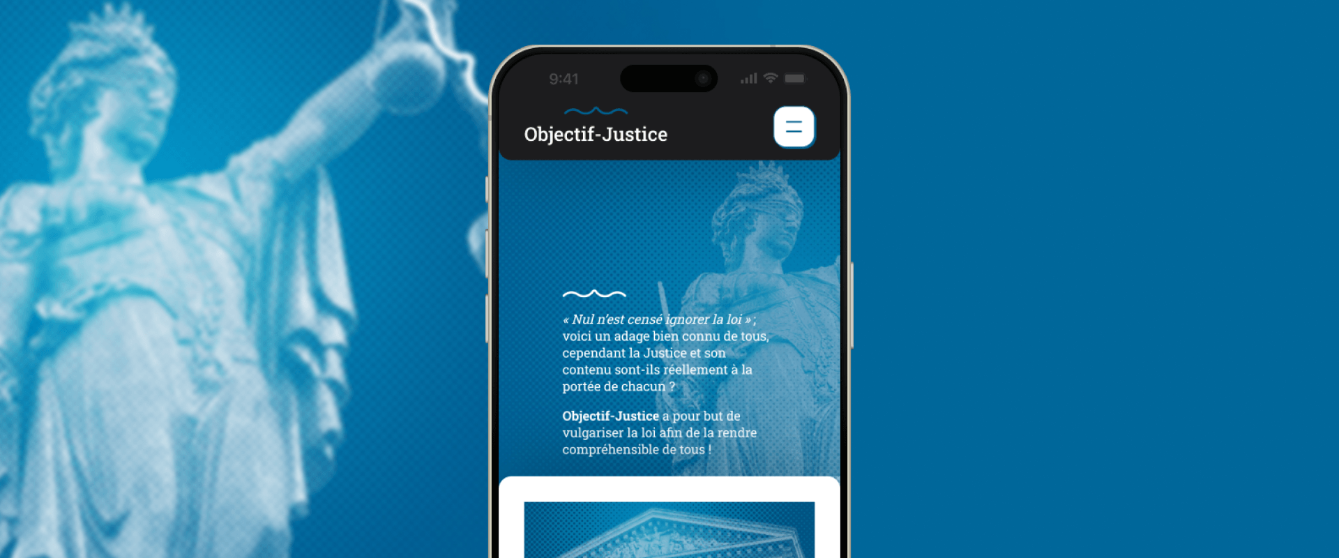 La justice à gauche, l'infarce d'Objectif-Justice dans un smartphone à droite.
