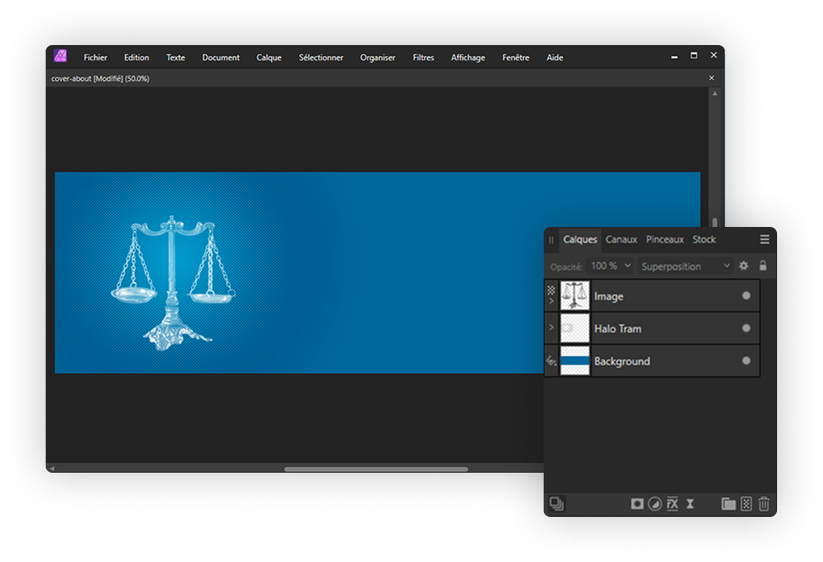 Interface de Affinity Photo avec affichage des calques d'un des banners du projet