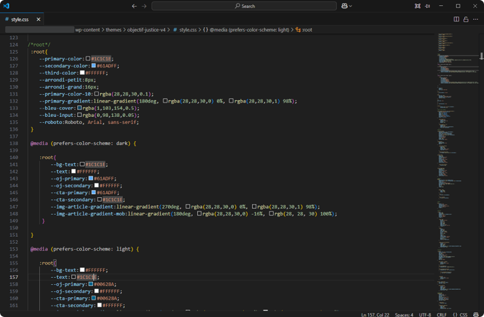interface editeur de code avec la feuille de style d'Objectif-Justice