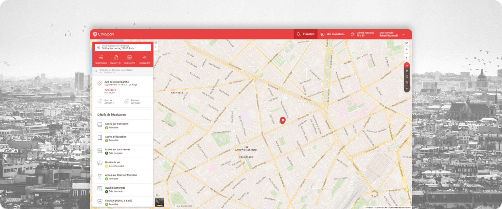 Image de la carte CityScan, sur une photo de Paris en noir et blanc.