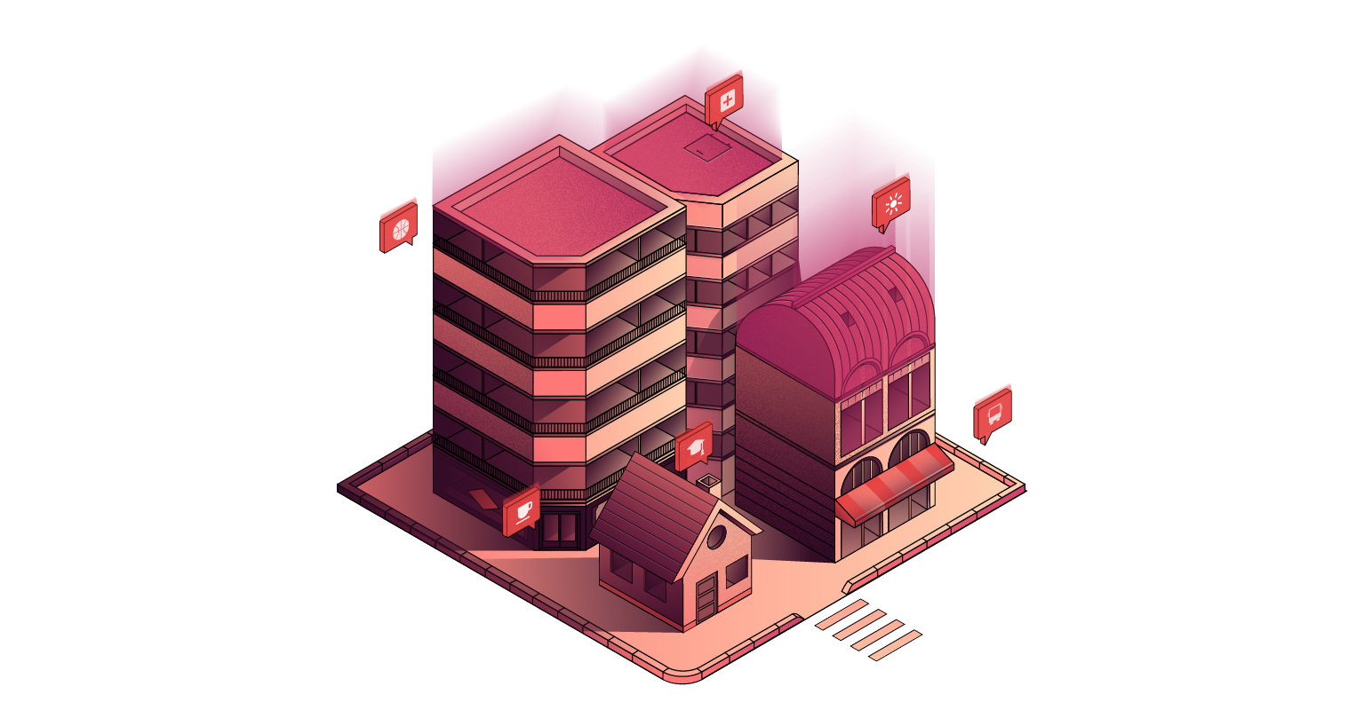 Quartier en 3D isométrique.