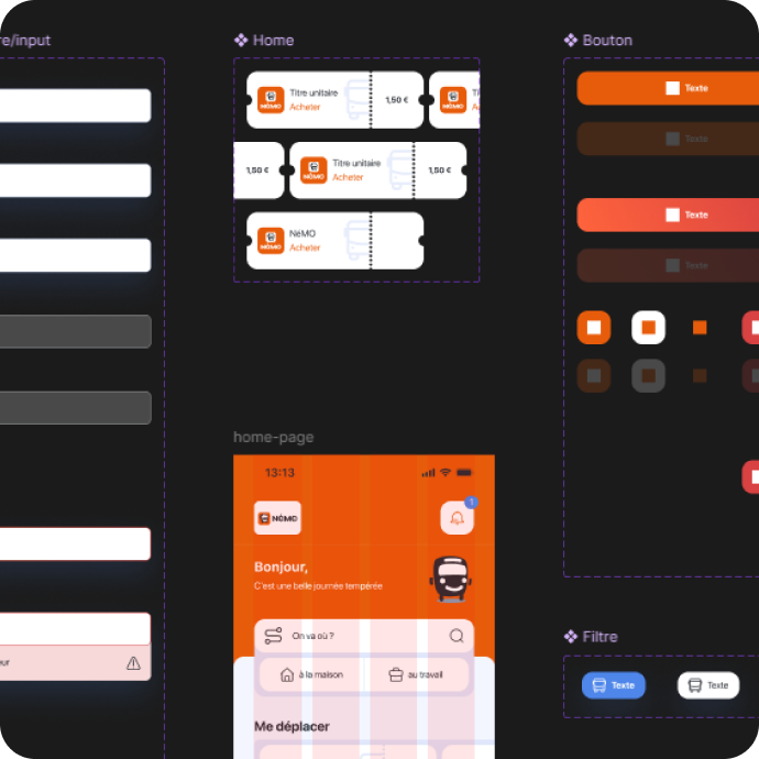 Vue de la home page de l'application avec autours des composants Figma
