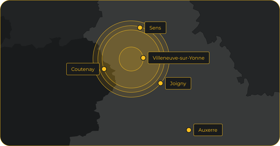 Carte de l'Yonne avec Zone ou j'agis