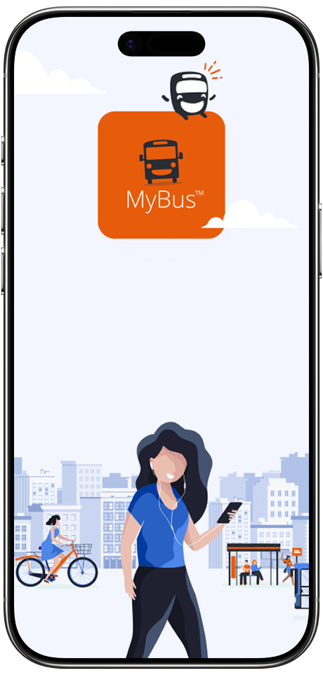Splash screen de MyBus / NéMO il y a une femme en bas avec un téléphone avec en arriere plan un bus, un vélo etc.