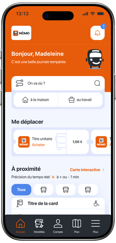 Home page, avec le logo Némo, le widget me déplacer avec les titres, la recherche…