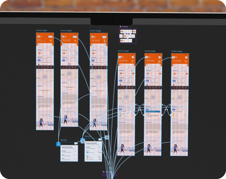maquettage de NéMO sur figma avec les liens entre les vues